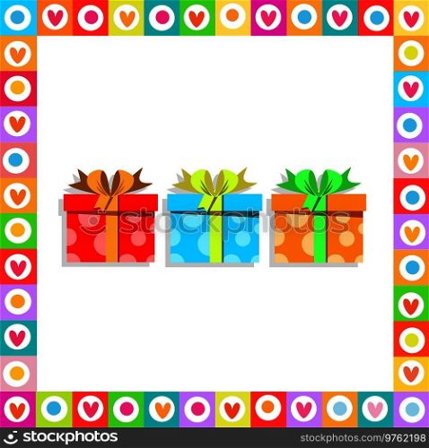 Cute festive colorful wrapped gift boxes inside of heart frame on white background. Cartoon vector illustration, greeting card, postcard for birthday, christmas, new year, valentine day, sopping, sale. Cute festive bright wrapped present boxes inside of heart frame on white background
