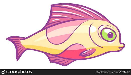 Cute fish character. Cartoon underwater animal with pink fin isolated on white background. Cute fish character. Cartoon underwater animal with pink fin