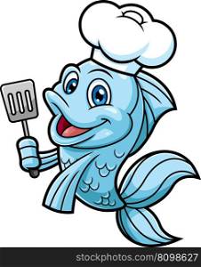 Cute Fish Chef Cartoon Character Holding A Slotted Spatula. Vector Hand Drawn Illustration Isolated On Transparent Background