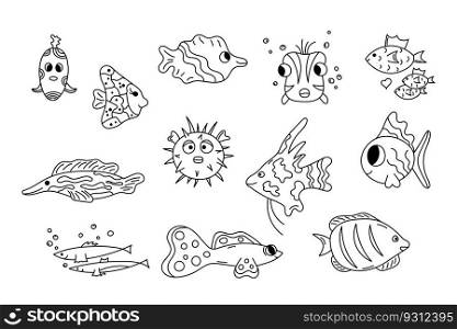 Cute fish doodle set. Vector collection of cartoon outline sea abodes. Wild marine life in hand drawn style. Doodle black and white illustration for kids. Swimming fish isolated.. Cute fish doodle set. Vector collection of cartoon outline sea abodes. Wild marine life in hand drawn style. Doodle black and white illustration for kids. Swimming fish isolated