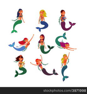 Cute fish girls vector characters. Swimming pretty princess mermaids. Fish woman character, illustration creature mermaids. Cute fish girls vector characters. Swimming pretty princess mermaids