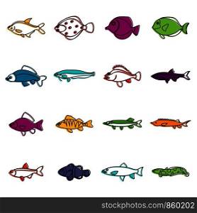 Cute fish icons set. Doodle illustration of vector icons isolated on white background for any web design. Cute fish icons doodle set