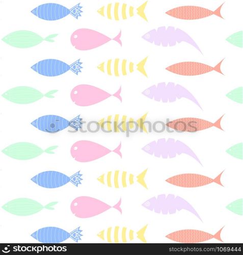 Cute fish icons showing aquatic animals with various fins, scales, tails and gills swimming in water. Good for kids book, fabric or bedroom