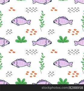 Cute fish swims in ocean. Seamless pattern for sewing children clothing. Printing on fabric and packaging paper. Seabed.