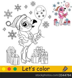 Cute flamingo in a Christmas hat with balloon and presents. Cartoon character. Vector isolated illustration. Coloring book with colored exemple. For card, poster, design, stickers, decor,kids apparel. Coloring cute Christmas flamingo with balloon vector