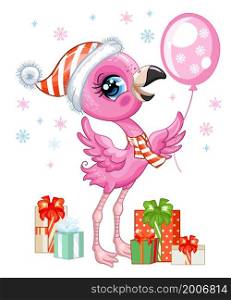 Cute flamingo in a Christmas hat with gifts and snowflakes. Cartoon flamingo character. Vector cartoon isolated illustration. For postcard, posters, design, greeting card, stickers, decor,kids apparel. Cute Christmas flamingo with gifts vector illustration