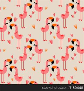 Cute flamingo in love seamless pattern. Cute animal in Valentine concept.