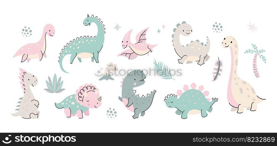 Cute flat cartoon dinosaur. Set dinosaurs herbivorous, babies dino and nature elements. Volcano, palm tree and prehistoric animals, vector isolated characters of reptile and triceratops illustration. Cute flat cartoon dinosaur. Set dinosaurs herbivorous, babies dino and nature elements. Volcano, palm tree and prehistoric animals, nowaday vector isolated characters