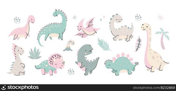 Cute flat cartoon dinosaur. Set dinosaurs herbivorous, babies dino and nature elements. Volcano, palm tree and prehistoric animals, vector isolated characters of reptile and triceratops illustration. Cute flat cartoon dinosaur. Set dinosaurs herbivorous, babies dino and nature elements. Volcano, palm tree and prehistoric animals, nowaday vector isolated characters