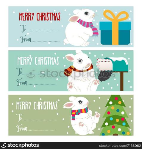 Cute flat design Christmas labels collection for presets with rabbits. Vector