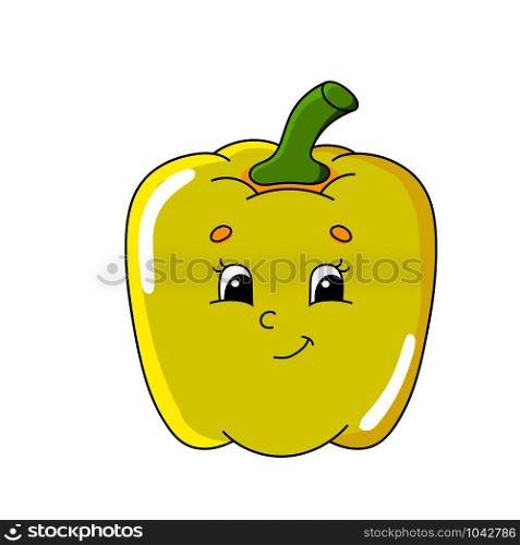 Cute flat vector illustration in childish cartoon style. Funny character. Isolated on white background. Yellow pepper. Cute flat vector illustration in childish cartoon style. Funny character. Isolated on white background.