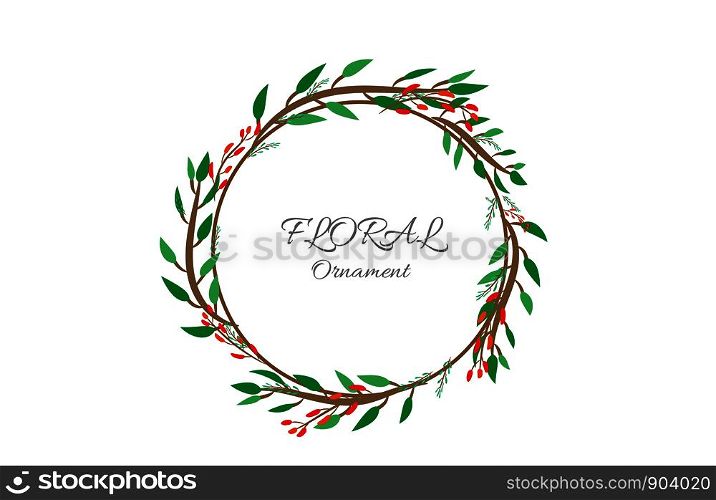 Cute floral frame. Flowers, leaves and bird round frame, border. Vector design element. - Vector