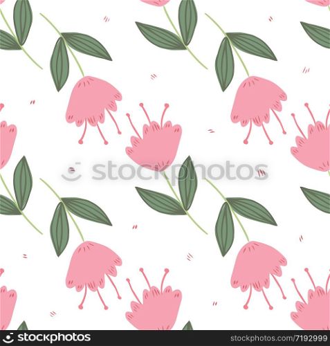 Cute floral seamless pattern on white background. Hand drawn geometric little flowers and leaves wallpaper. Design for book covers, graphic art, wrapping paper, fabric, textile. Vector illustration. Cute floral seamless pattern on white background. Hand drawn forest little flowers and leaves wallpaper.