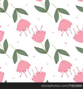 Cute floral seamless pattern on white background. Hand drawn geometric little flowers and leaves wallpaper. Design for book covers, graphic art, wrapping paper, fabric, textile. Vector illustration. Cute floral seamless pattern on white background. Hand drawn forest little flowers and leaves wallpaper.