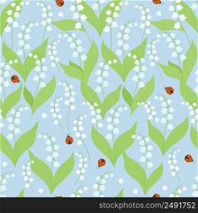 Cute Floral seamless pattern with May lilies of the valley and ladybugs on light blue background. Vector illustration. Spring pattern with forest flowers for design, packaging, wallpaper, decoration
