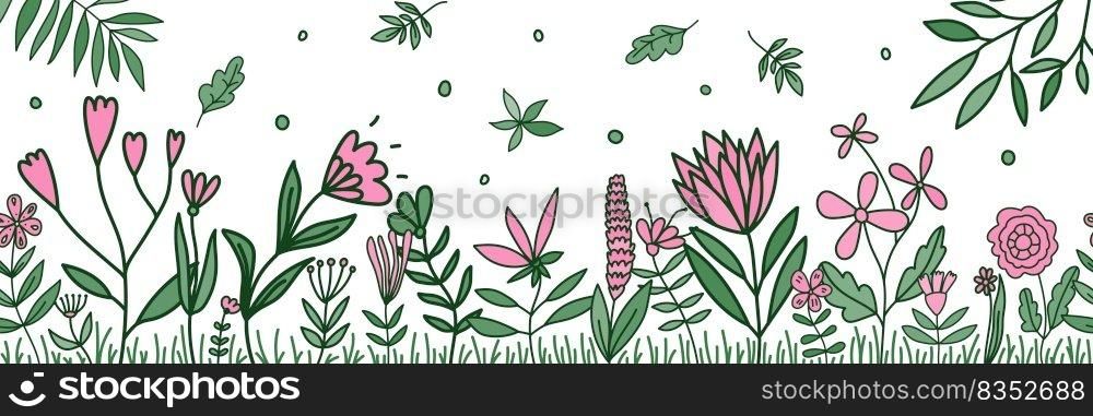 Cute floral summer horizontal wallpaper. Doodle flowers and leaves banner. Botanical backdrop. Hand drawn design for posters, invitation, web banners. Minimal style vector illustration.. Cute floral summer horizontal wallpaper. Doodle flowers and leaves banner. Botanical backdrop.