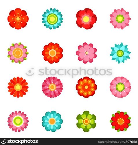 Cute floral vector illustrations in flat style. Flowering icon set of 70s. Colored flower spring isolated on white background. Cute floral vector illustrations in flat style. Flowering icon set of 70s