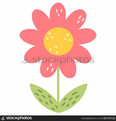 Cute flower on white background. Pink chamomile. Vector doodle illustration. Garden plant. Summer sticker.