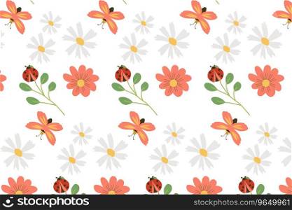 cute flower pattern with butterfly and red beetle with dots. Vector illustration isolated. chamomile and ladubugs. . cute flower pattern with butterfly and red beetle