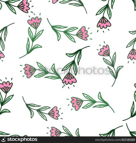 Cute flower seamless pattern in stylized folk style. Hand drawn elegant botanical background. Abstract doodle floral wallpaper. Design for fabric, textile, wrapping, cover.. Cute flower seamless pattern in stylized folk style. Hand drawn elegant botanical background.