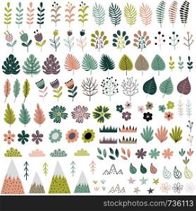 Cute flowers and plants big collection. Vector illustration