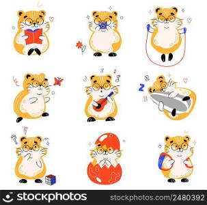 Cute fluffy hamster. Funny little rodent, cartoon happy kids character, different poses, actions and emotions, comic mascot, pet read book, play guitar and walking vector cartoon flat isolated set. Cute fluffy hamster. Funny little rodent, cartoon happy kids character, different poses, actions and emotions, comic mascot, pet read book, play guitar and walking vector cartoon set
