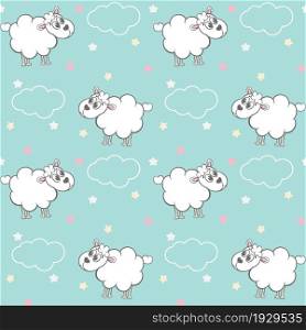 Cute fluffy sheep with clouds and stars seamless pattern. Baby background with white lambs in the sky. Template for wallpaper, fabric, textile and packaging, vector illustration.. Cute fluffy sheep with clouds and stars seamless pattern.