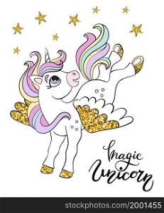 Cute flying cartoon unicorn with lettering. Vector color and golden llustration isolated on white background. For sticker, design, decoration, print, baby shower, t-shirt, dishes and kids apparel. Flying cartoon unicorn vector illustration golden and white