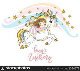Cute flying unicorn and dreaming girl vector illustration. Vector color isolated ilustration with golden elements. For design, decor, print, baby shower, t-shirt, embroidery, dishes and kids apparel. Cute flying unicorn and dreaming girl vector illustration