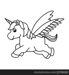 Cute flying unicorn cartoon characters vector illustration. For kids coloring book.