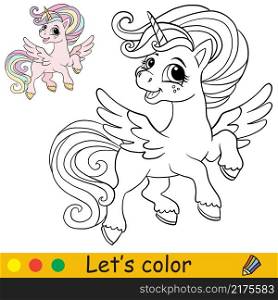 Cute flying Unicorn princess. Coloring book page with color template. Vector cartoon illustration. For kids coloring, card, print, design, decor and puzzle.
