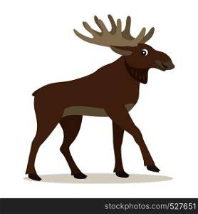 Cute forest animal, friendly moose with big horns, woodland beast, isolated on white background, vector illustration. Cute forest animal, friendly moose with big horns