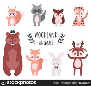 Cute forest animals. Funny cartoon woodland characters, bear and rabbit, fox raccoon cat, bunny and deer. Waving hands creatures banner, kids poster with text. Wildlife greeting card, vector fauna set. Cute forest animals. Cartoon woodland characters, bear and fox, rabbit bunny, raccoon and deer. Creatures waving hands banner, kids poster with text. Wildlife greeting card, vector fauna set