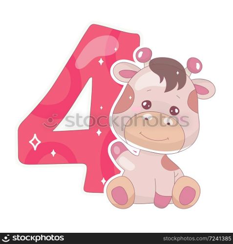 Cute four number with baby giraffe cartoon illustration. School math funny font symbol and kawaii animal character. Kids scrapbook sticker. Children 4 years old birthday and anniversary number clipart