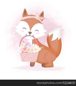 Cute fox and flower in basket, hand drawn cartoon watercolor illustration