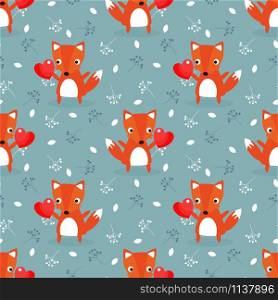 Cute fox and red heart for valentine seamless pattern.