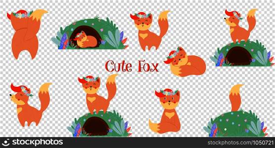 Cute fox big set isolated on transparent background. Funny kawaii baby foxes in flower wreath in different poses bundle design elements Cartoon flat vector illustration in scandinavian style, clip art. Cute fox big set isolated on transparent background.