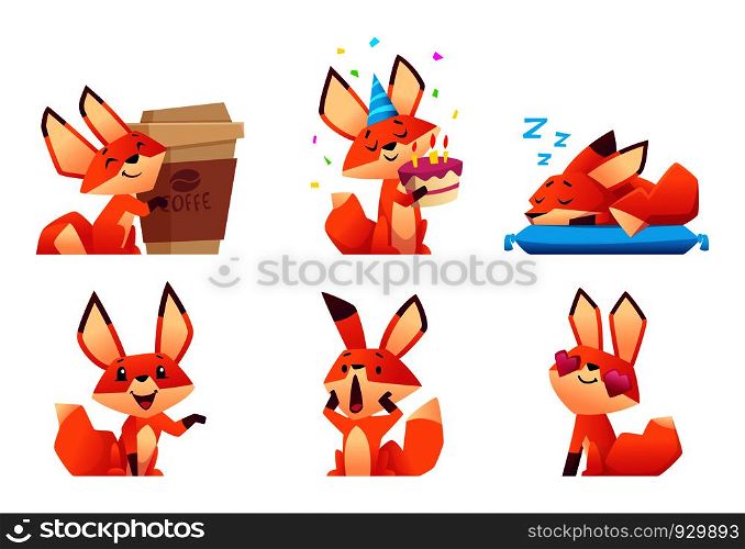 Cute fox character collection. Wild orange animal at forest in various funny pose and emotions vector mascot design. Illustration of fox character wildlife, mascot friendly. Cute fox character collection. Wild orange animal at forest in various funny pose and emotions vector mascot design