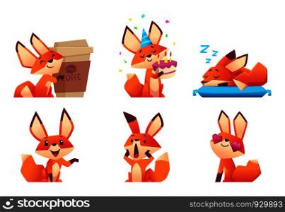 Cute fox character collection. Wild orange animal at forest in various funny pose and emotions vector mascot design. Illustration of fox character wildlife, mascot friendly. Cute fox character collection. Wild orange animal at forest in various funny pose and emotions vector mascot design