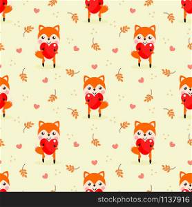 Cute fox hold a big heart seamless pattern. Lovely animal in Valentine concept.