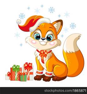 Cute fox in a Christmas hat with gifts and snowflakes. Cartoon fox character. Vector cartoon isolated illustration. For postcard, posters, design, greeting card, stickers, decor, kids apparel. Cute Christmas fox with gifts vector illustration