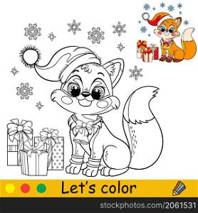 Cute fox in a Christmas hat with presents. Cartoon fox character. Vector isolated illustration. Coloring book with colored exemple. For card, poster, design, stickers, decor,kids apparel. Coloring cute happy Christmas fox vector illustration