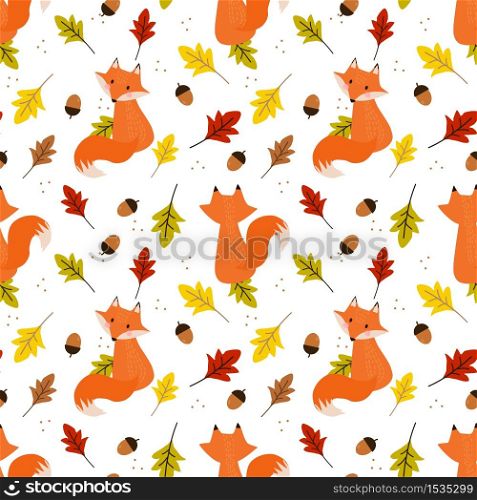 Cute fox in autumn leaves seamless pattern