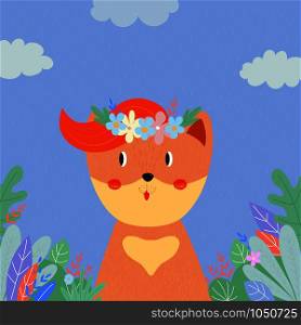 Cute fox in flower wreath among plants and leaves on field in rainy day. Summer Spring Autumn Fall Seasons Animal in Forest, Baby Print Cartoon flat hand drawn illustration, scandinavian style. Cute fox in flower wreath among plants and leaves