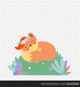 Cute fox in flower wreath sleep on green field, woodland doodle animal, foxy life isolated on transparent background, Cartoon flat vector hand drawn illustration, scandinavian style, icon, clip art. Cute fox in flower wreath sleep on green field