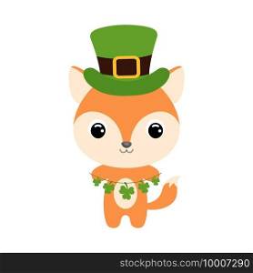Cute fox in green leprechaun hat. Cartoon sweet animal with clovers. Vector St. Patrick’s Day illustration on white background. Irish holiday folklore theme.