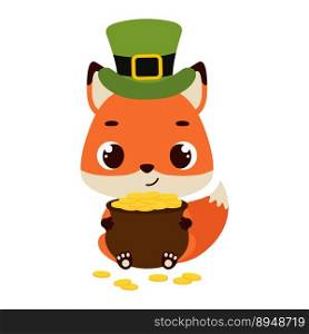 Cute fox in green leprechaun hat holds bowler with gold coins. Irish holiday folklore theme. Cartoon design for cards, decor, shirt, invitation. Vector stock illustration.