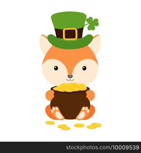 Cute fox in green leprechaun hat with clover holds bowler with gold coins. Cartoon sweet animal. Vector St. Patrick’s Day illustration on white background. Irish holiday folklore theme.