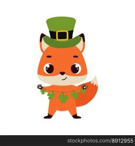 Cute fox in green leprechaun hat with clover. Irish holiday folklore theme. Cartoon design for cards, decor, shirt, invitation. Vector stock illustration.
