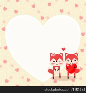 Cute fox in love and hold a red heart. Happy Valentine&rsquo;s day postcard.